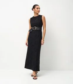 Vestido New Midi em Jersey Flocado com Textura Floral