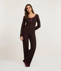 Pijama Longo em Ribana com Blusa e Calça