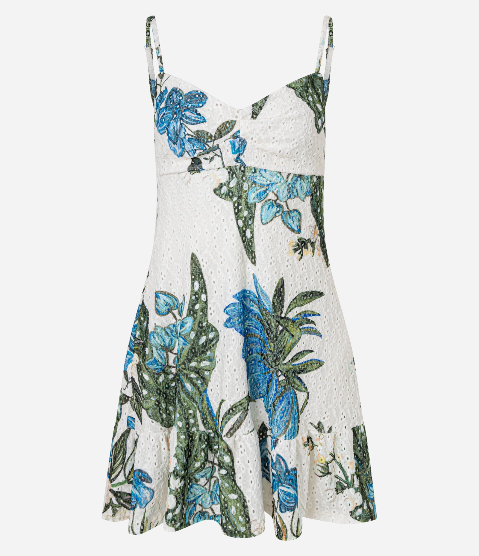 Vestido Curto Evasê com Detalhes Franzidos e Estampa Tropical Off White 5