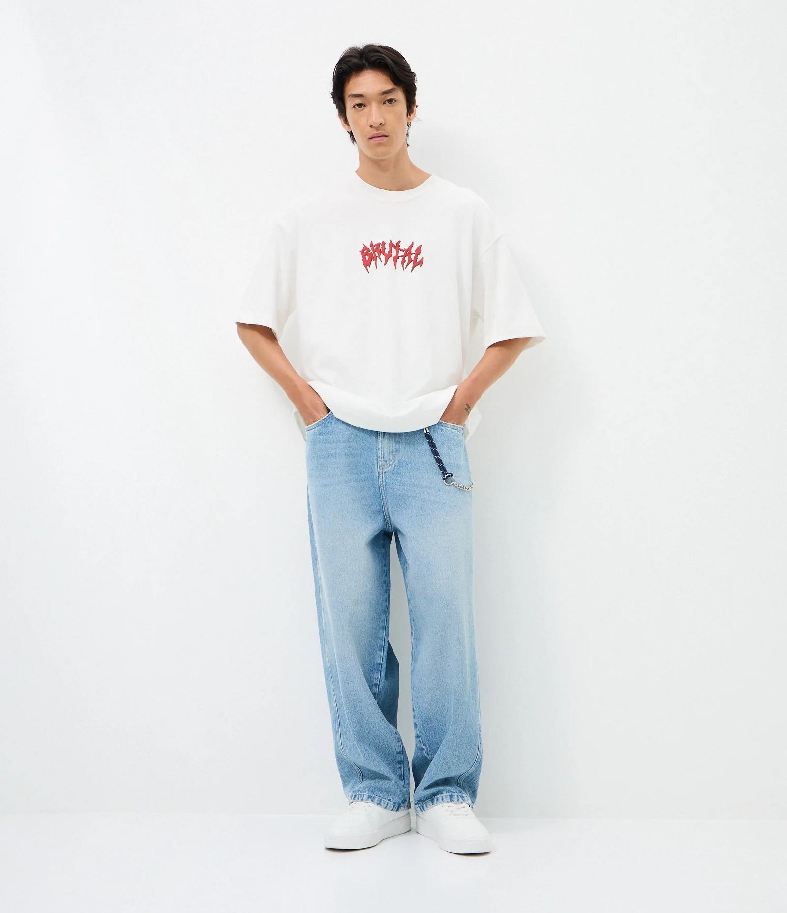 Calça Skater em Jeans com Recorte e Cordão Azul 1