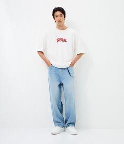 Calça Skater em Jeans com Recorte e Cordão