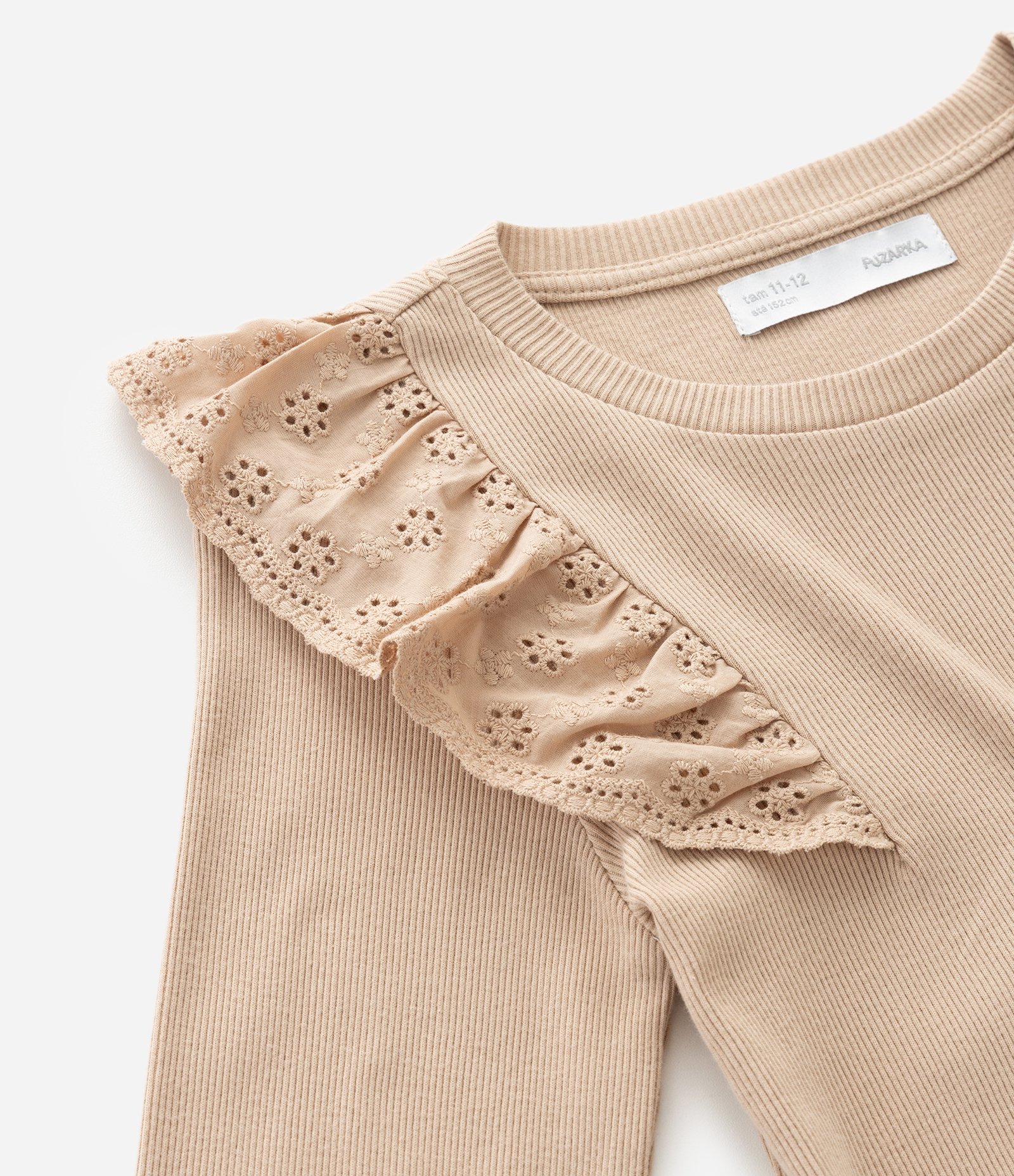 Camiseta Infantil Ribana com Babado de Broderi – Tam 5 A 14 Anos Bege 6