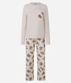Pijama Longo em Plush Com Estampa de Ursinhos