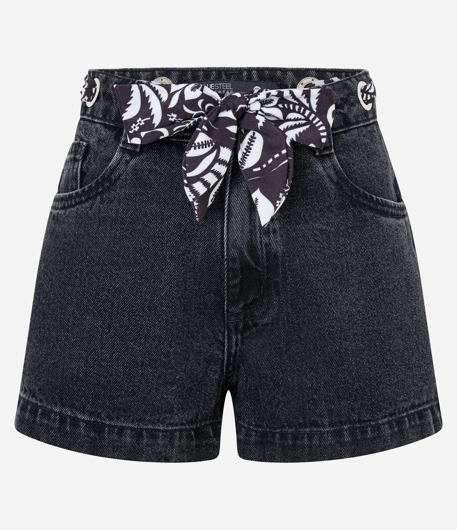 Short Mom em Jeans com Cinto Lenço Estampado Preto 1