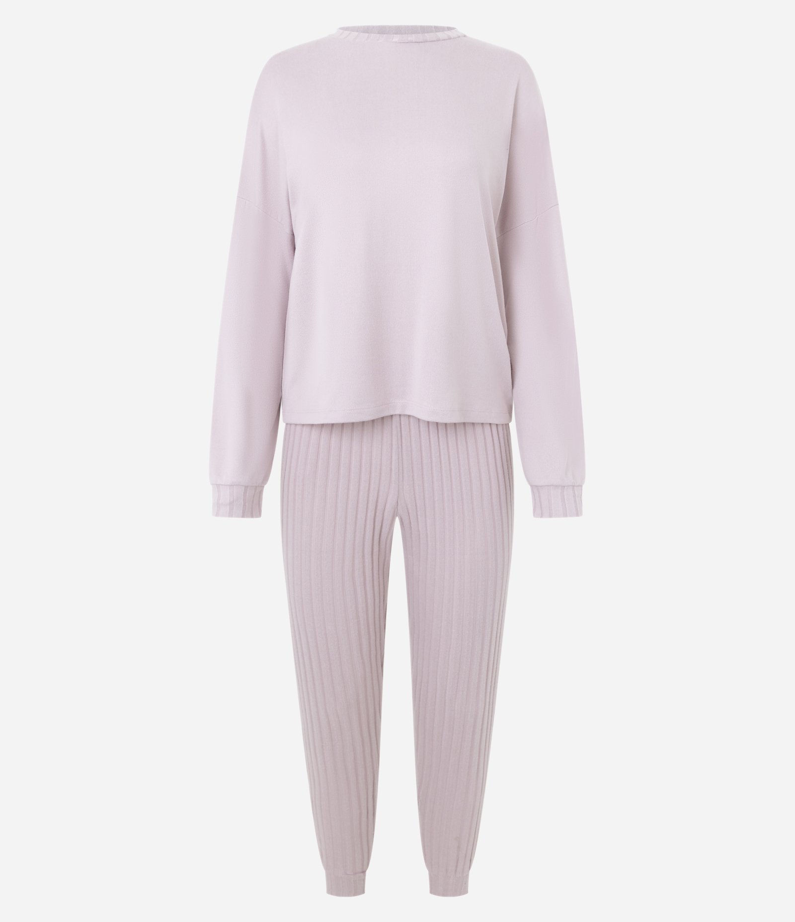 Pijama Longo em Tricô com Calça Canelada Rosa Claro 1