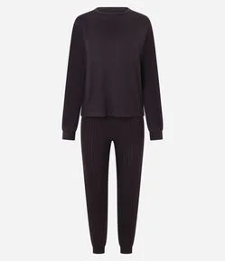 Pijama Longo em Tricô com Calça Canelada