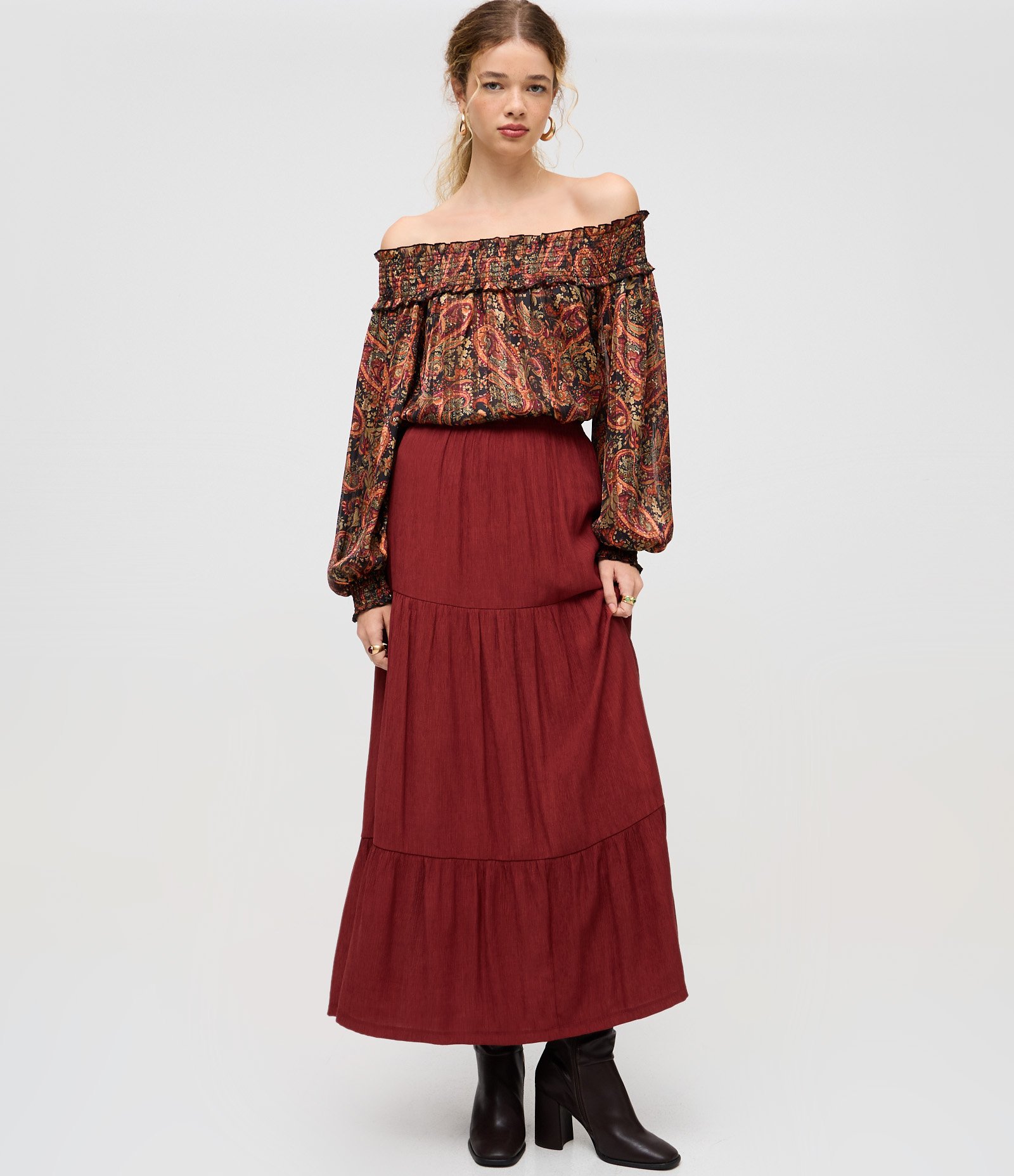 Saia Evase Long Midi em Viscolinho com Babados Bordô 2