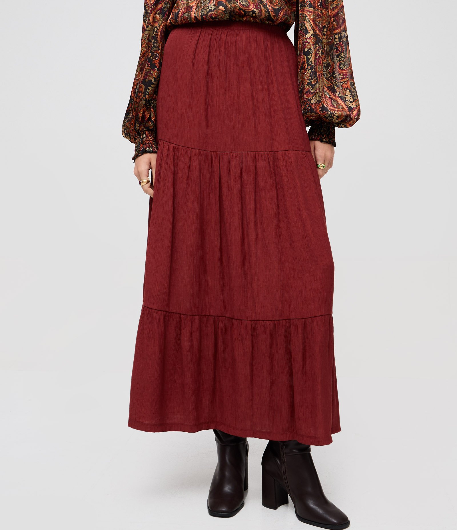 Saia Evase Long Midi em Viscolinho com Babados Bordô 3