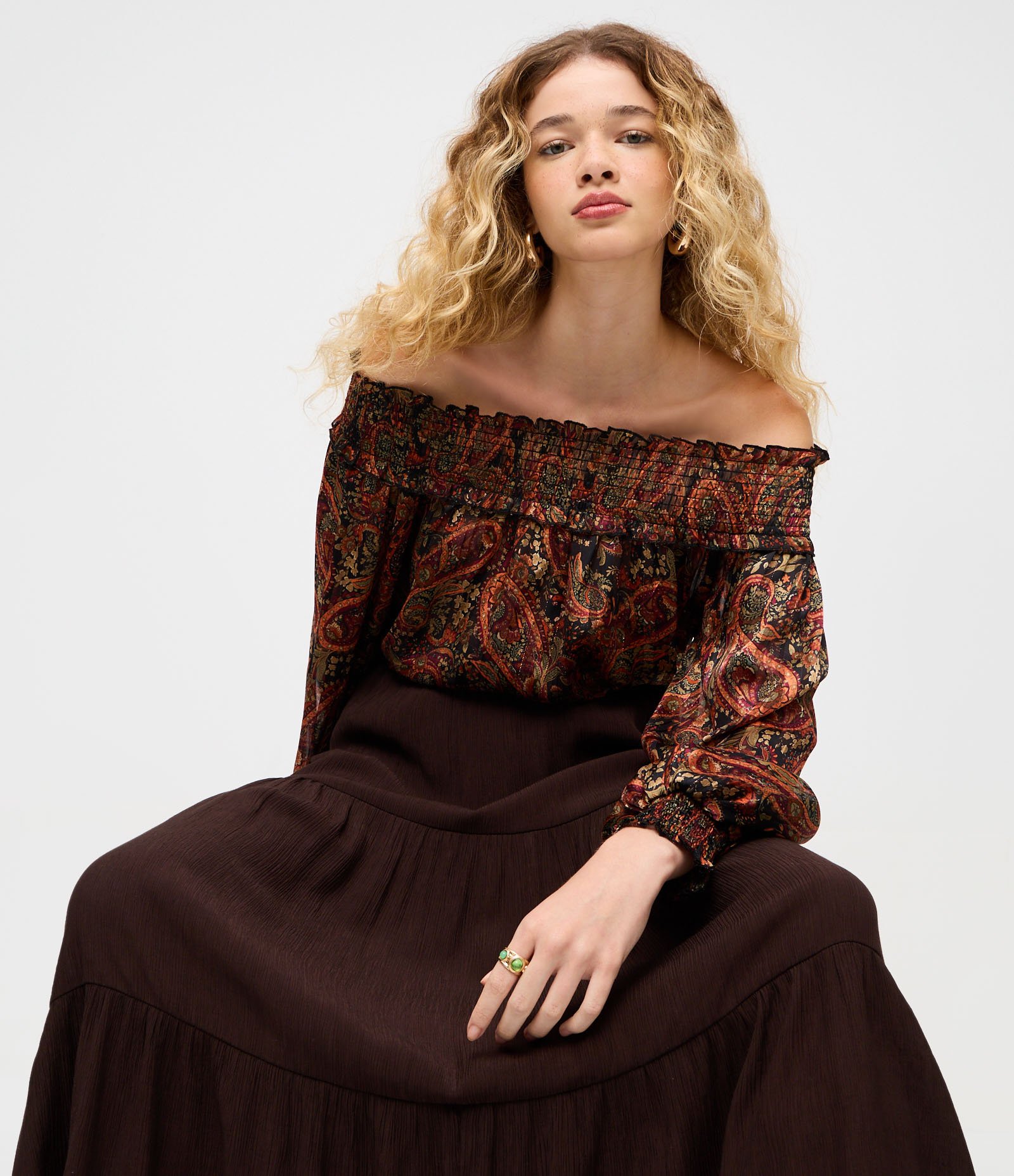 Saia Evase Long Midi em Viscolinho com Babados Marrom 5