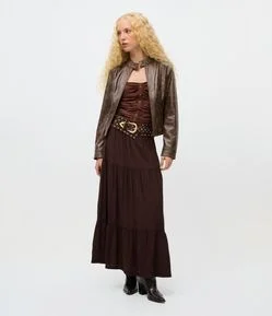 Saia Evase Long Midi em Viscolinho com Babados