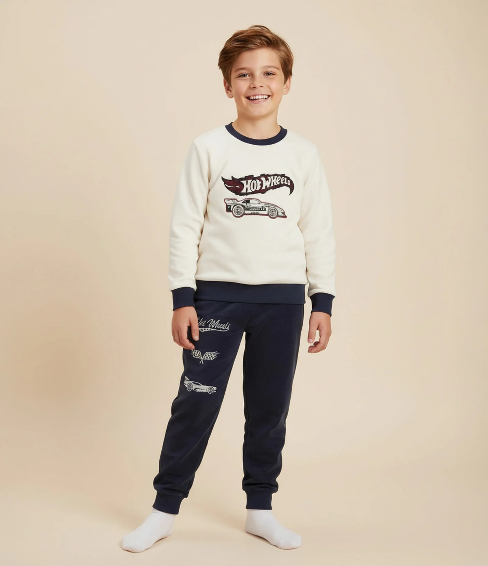 Pijama Infantil Longo com Estampa Hot Wheels – Tam 3 a 10 Anos Azul/Off White 1