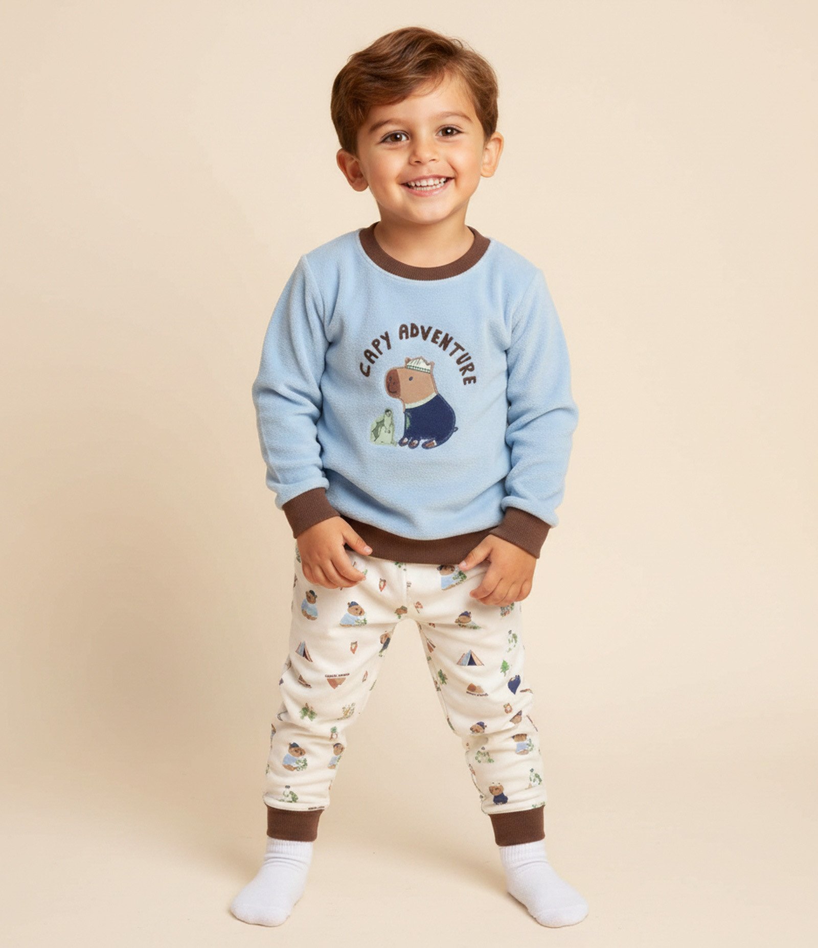 Pijama Infantil Longo com Estampa Capivara – Tam 2 a 6 Anos Azul/Off White 1