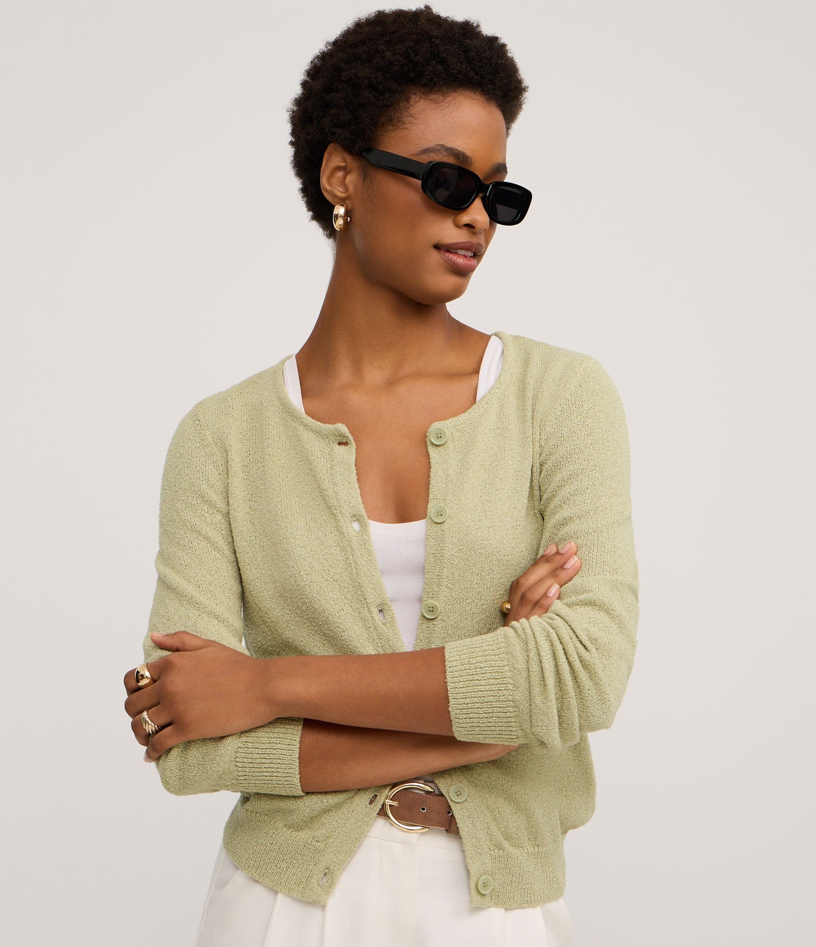 Cardigan em Tricô com Botões e Decote U Verde 1