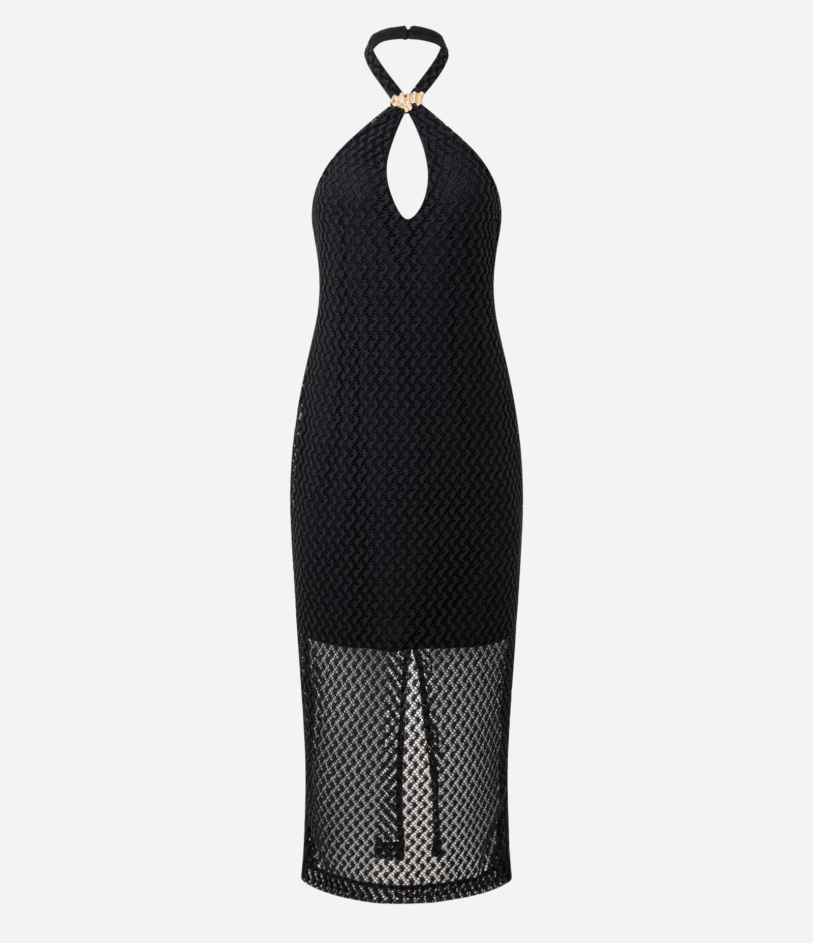 Vestido Frente Único Longo de Renda Texturizada com Aviamento Preto 6