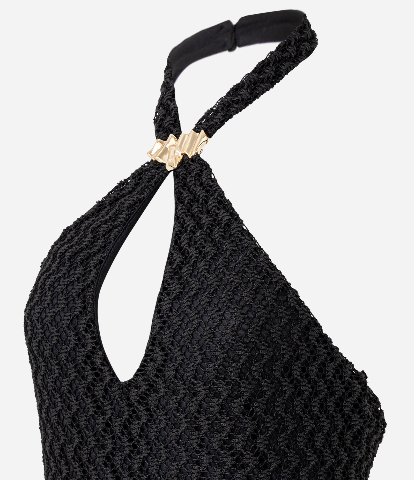 Vestido Frente Único Longo de Renda Texturizada com Aviamento Preto 7