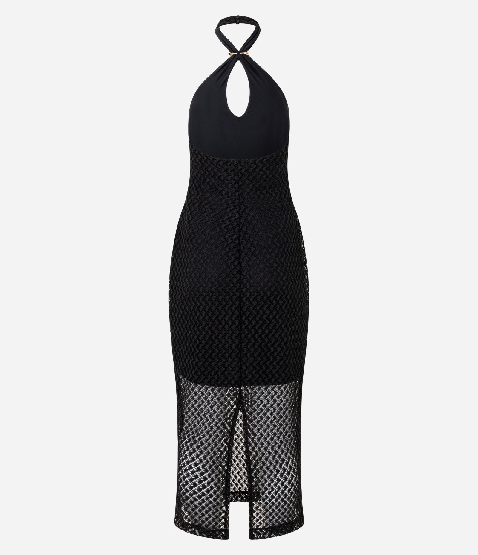 Vestido Frente Único Longo de Renda Texturizada com Aviamento Preto 8