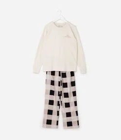 Pijama Infantil Longo com Bordado e Estampa Xadrez– Tam 5 a 14 Anos