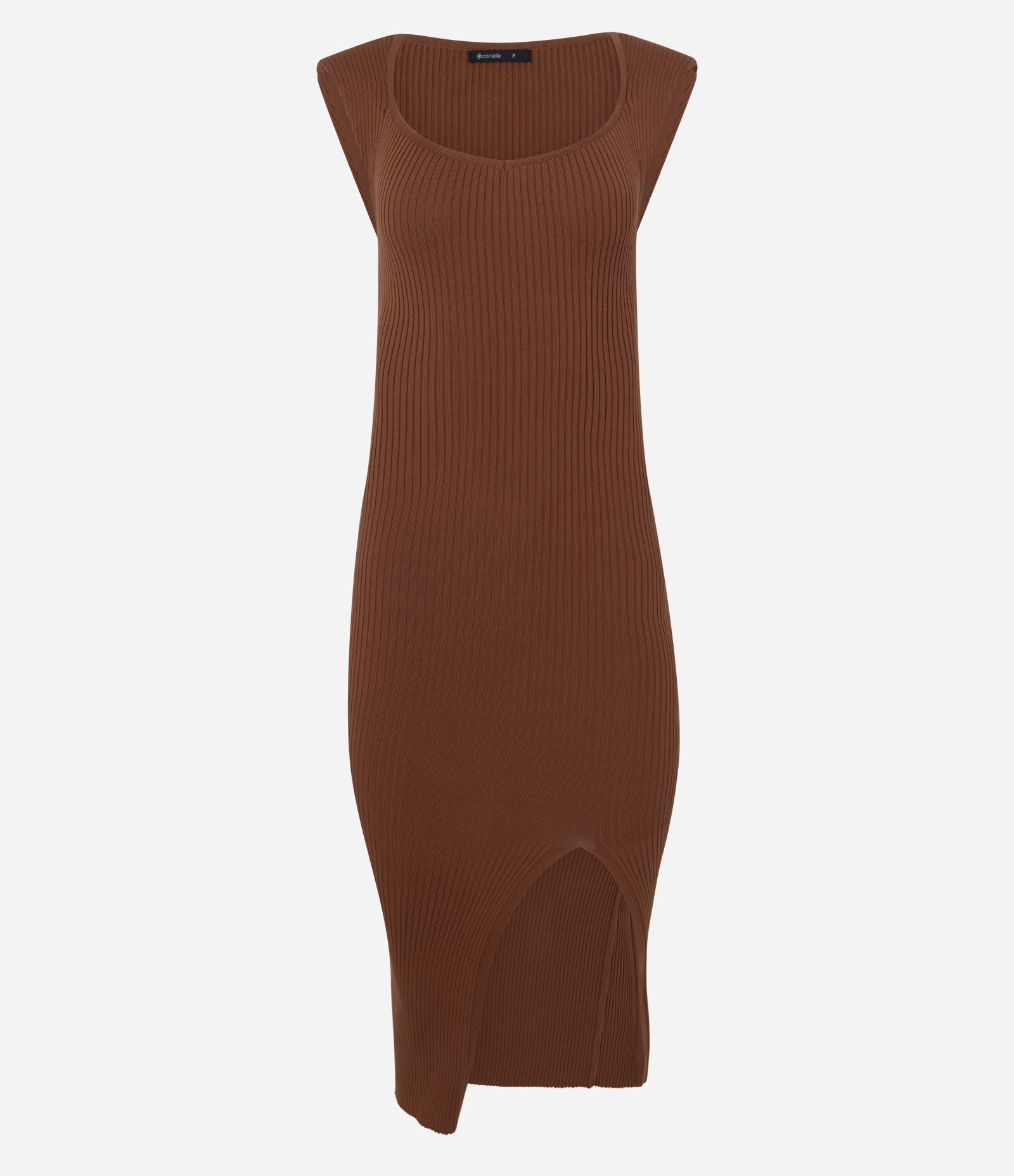 Vestido New Midi Canelado em Tricô com Fenda Assimétrica Marrom 7