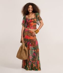 Saia Long Midi em Tule com Estampa Tropical