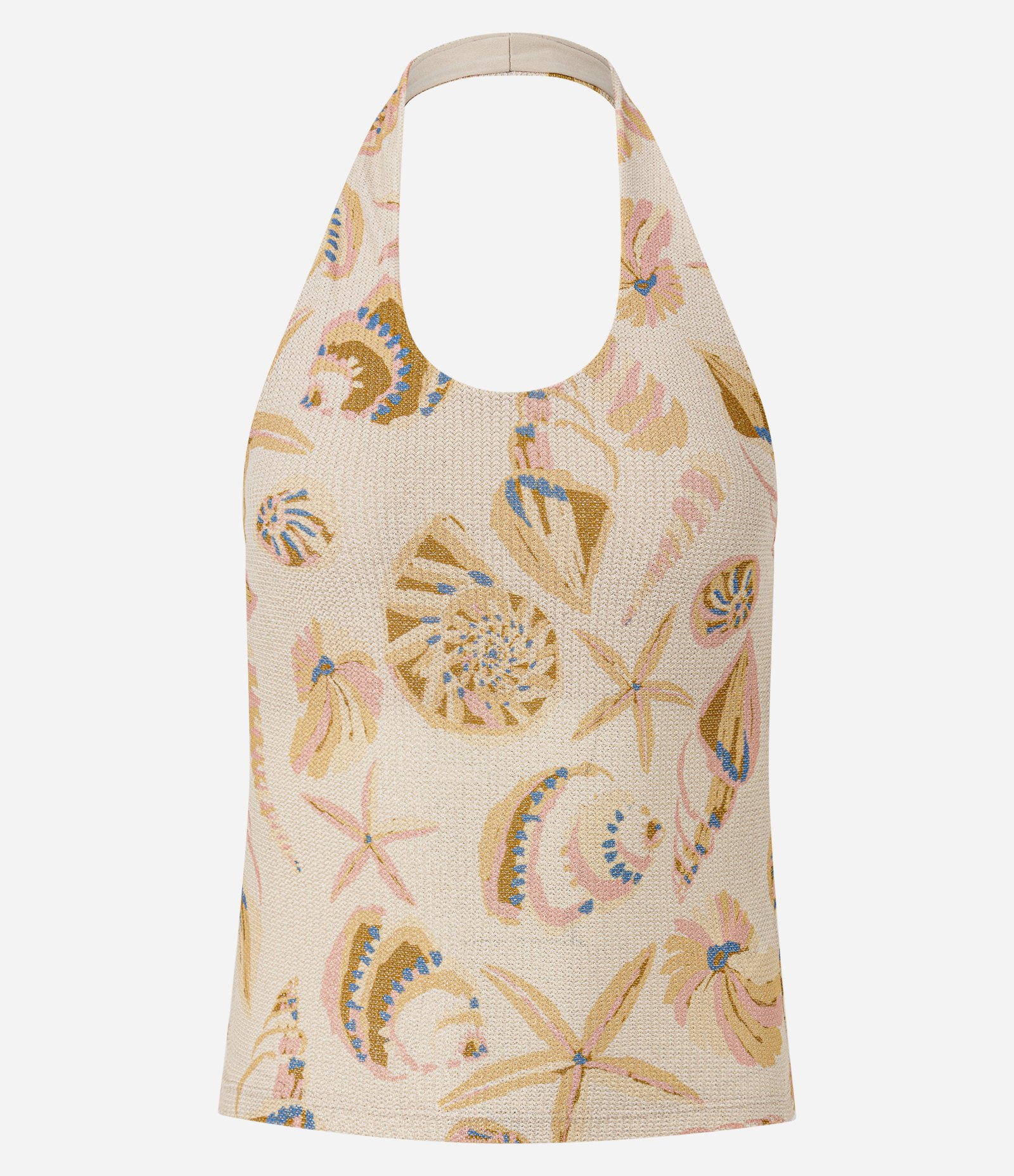 Blusa Frente Única com Fio Metalizado e Estampa Fundo do Mar Bege 1