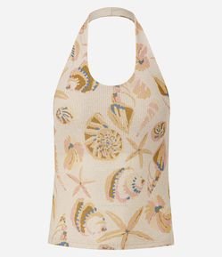 Blusa Frente Única com Fio Metalizado e Estampa Fundo do Mar