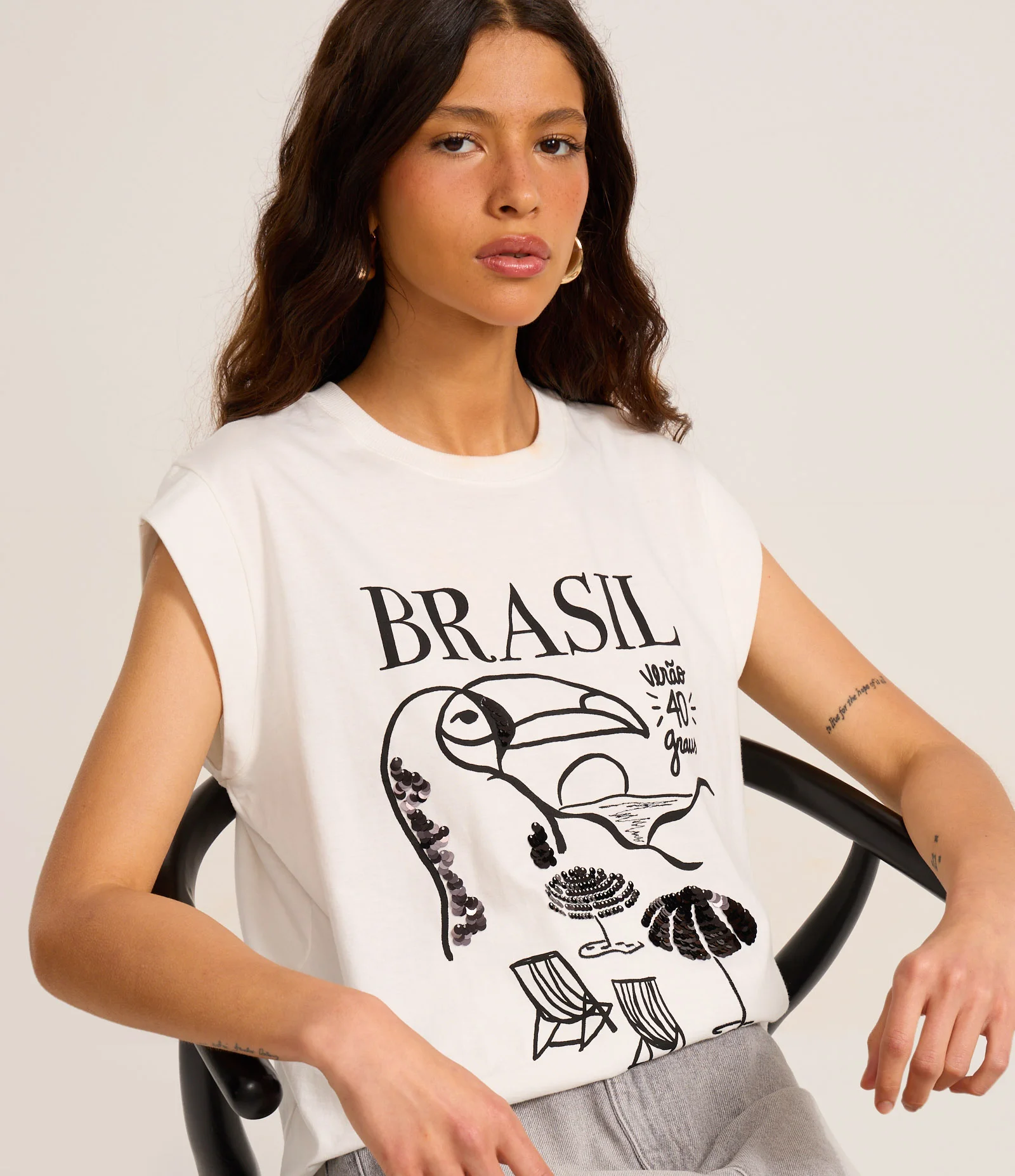 Blusa Muscle Tee com Estampa Brasil e Paetês Branco 1