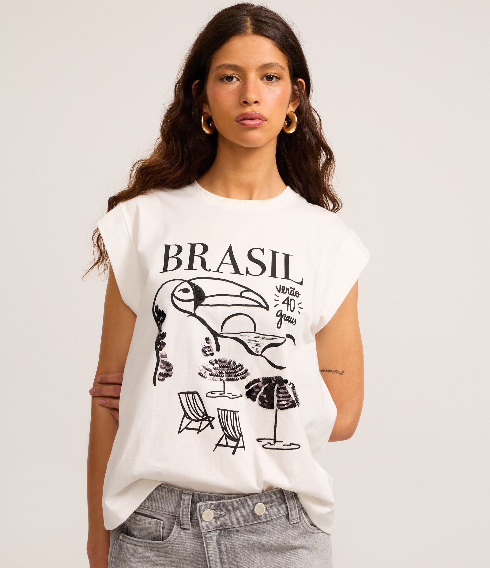 Blusa Muscle Tee com Estampa Brasil e Paetês Branco 3