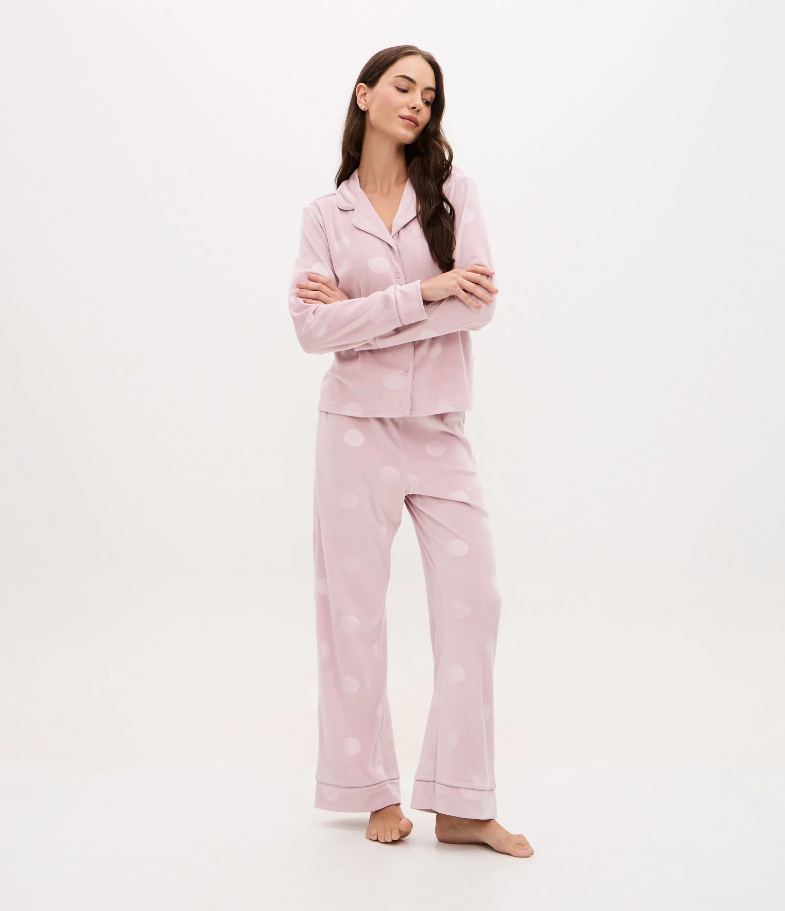 Pijama Americano Longo em Plush e Estampa de Bolinhas Rosa 1