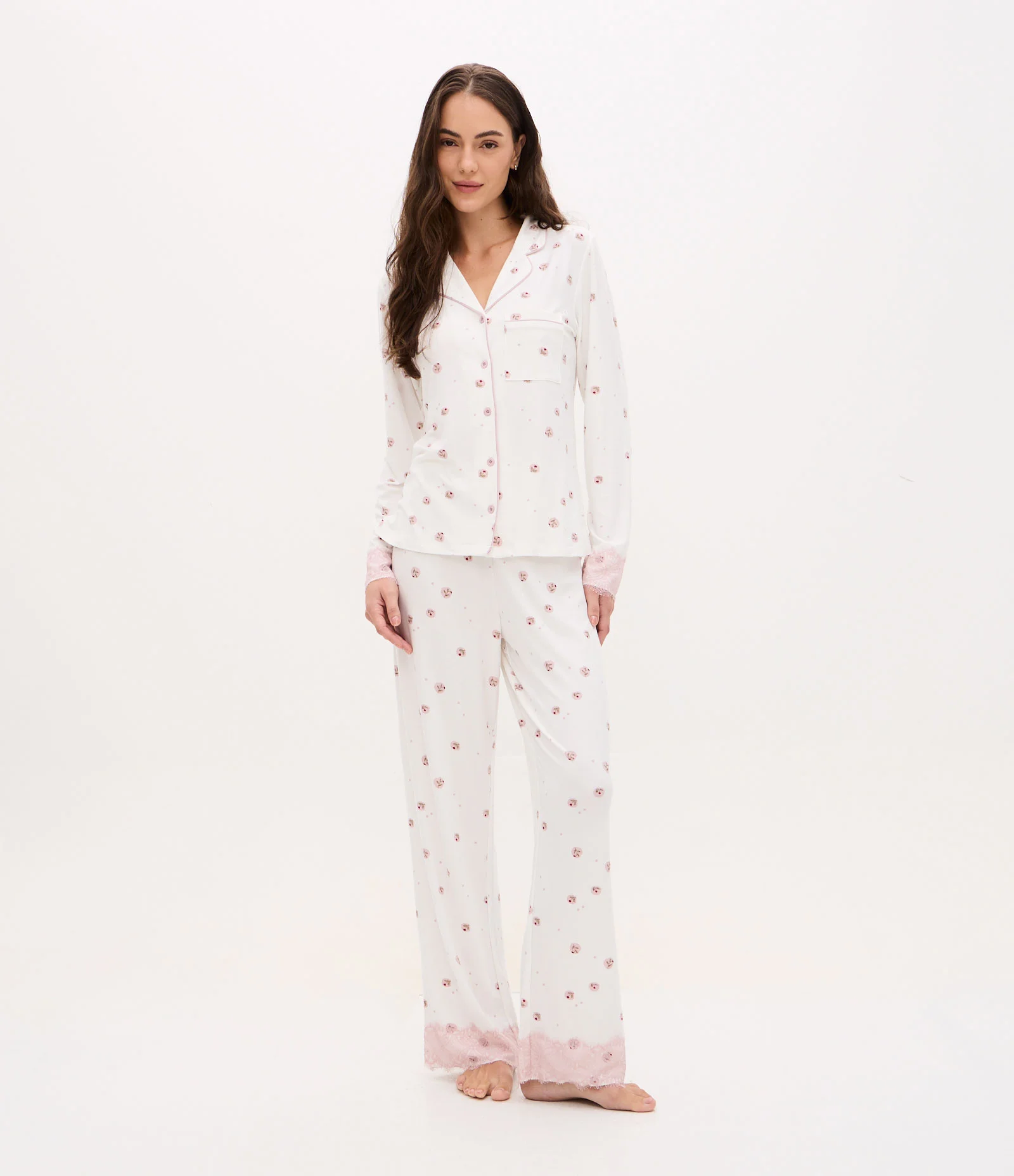 Pijama Americano Longo Peach Touch com Estampa Floral Branco 2