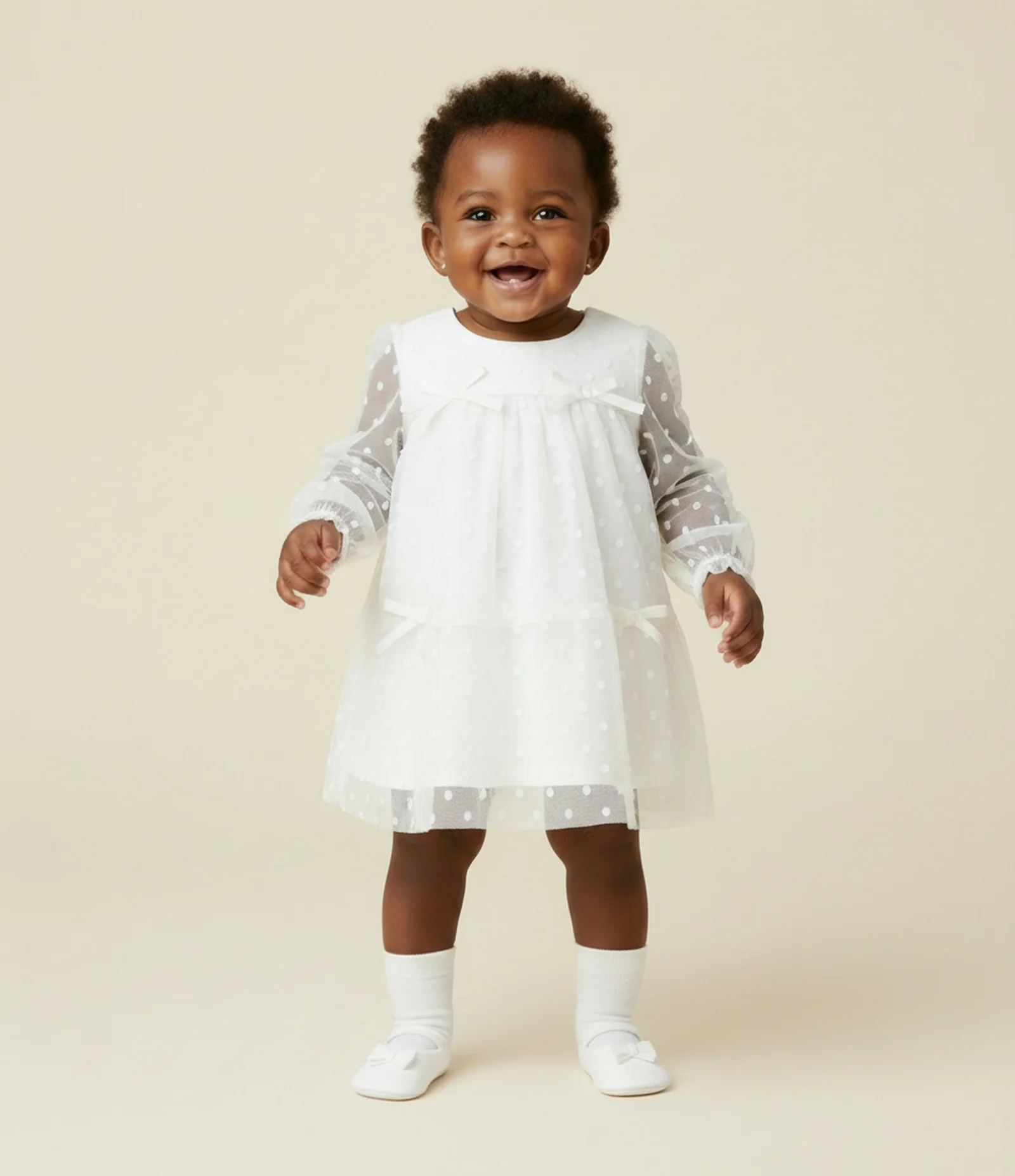 Vestido Infantil Tule Floral com Laços e Calcinha – Tam RN a 18 Meses Off White 1