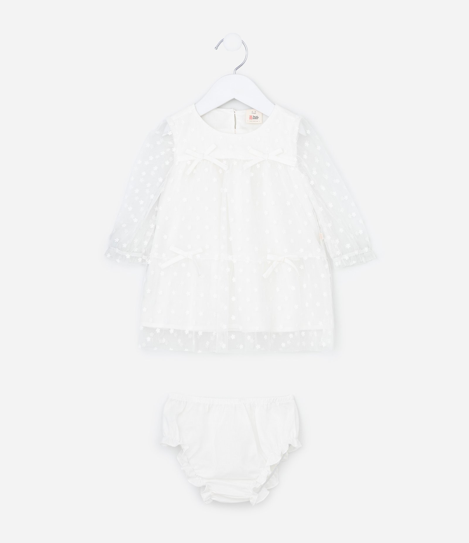 Vestido Infantil Tule Floral com Laços e Calcinha – Tam RN a 18 Meses Off White 1