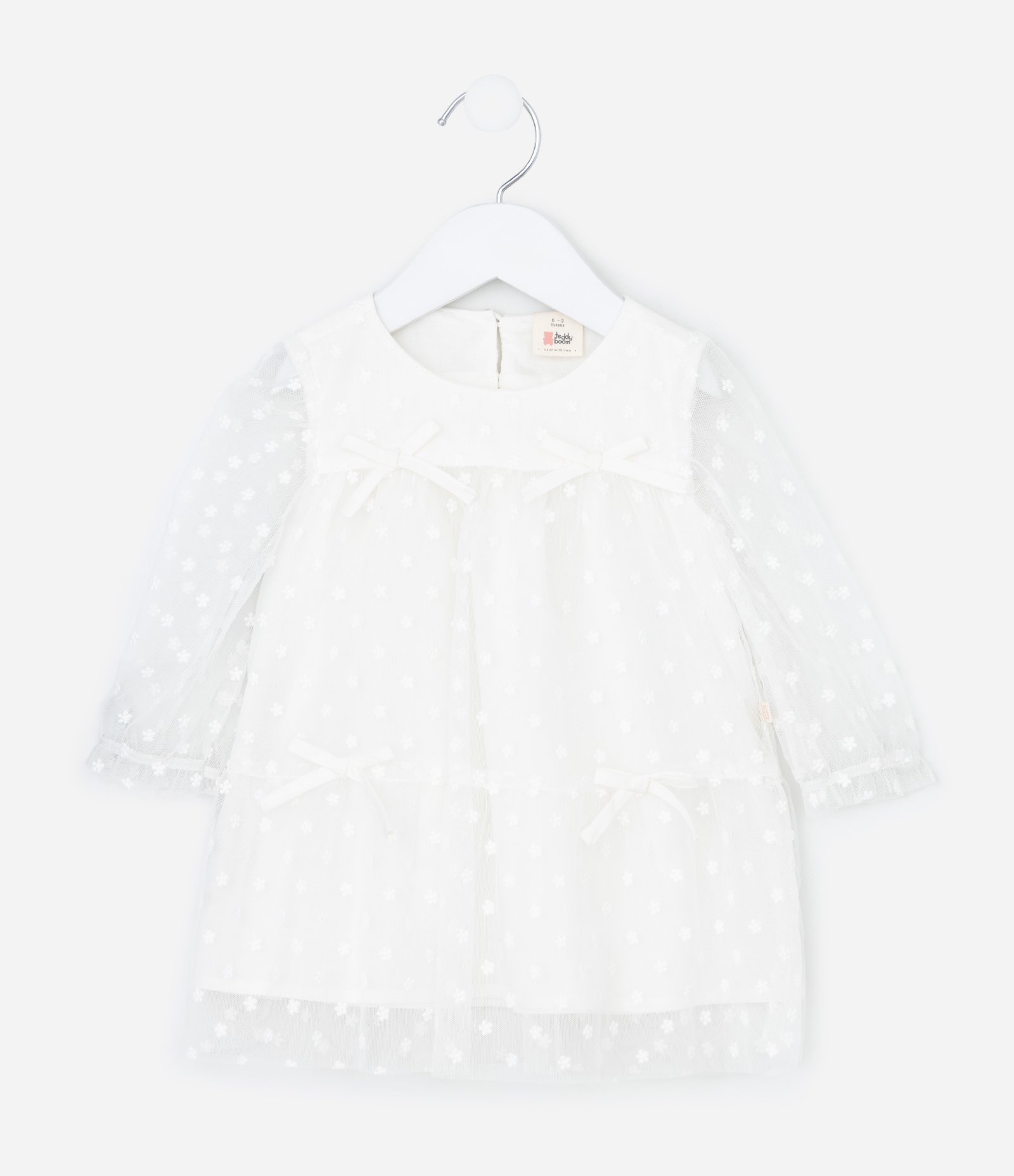 Vestido Infantil Tule Floral com Laços e Calcinha – Tam RN a 18 Meses Off White 2