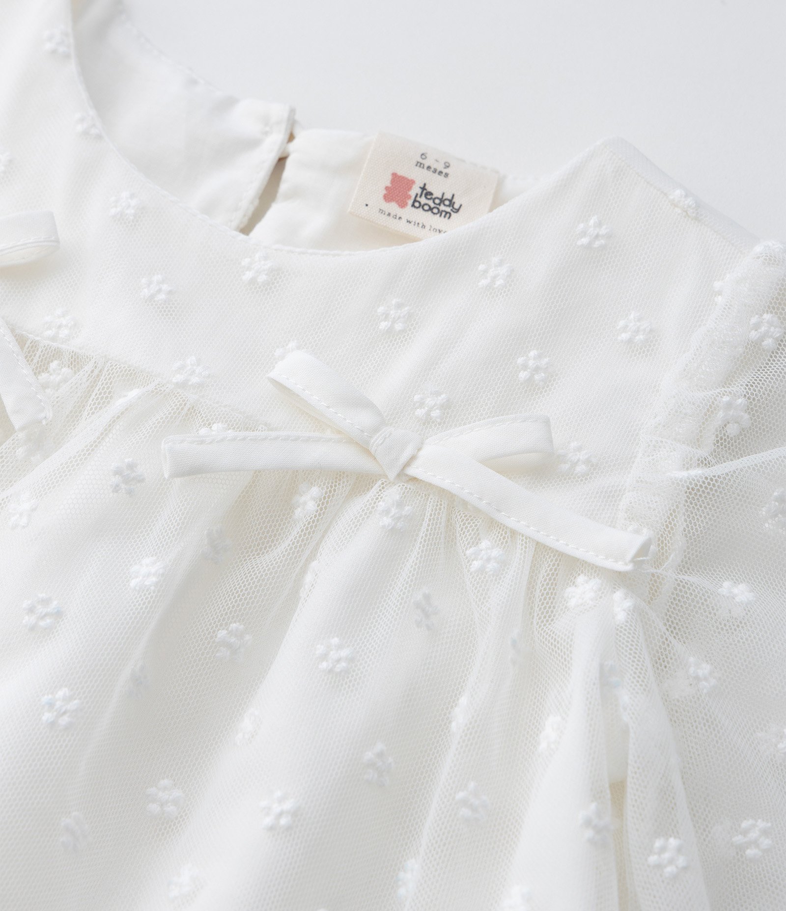 Vestido Infantil Tule Floral com Laços e Calcinha – Tam RN a 18 Meses Off White 6