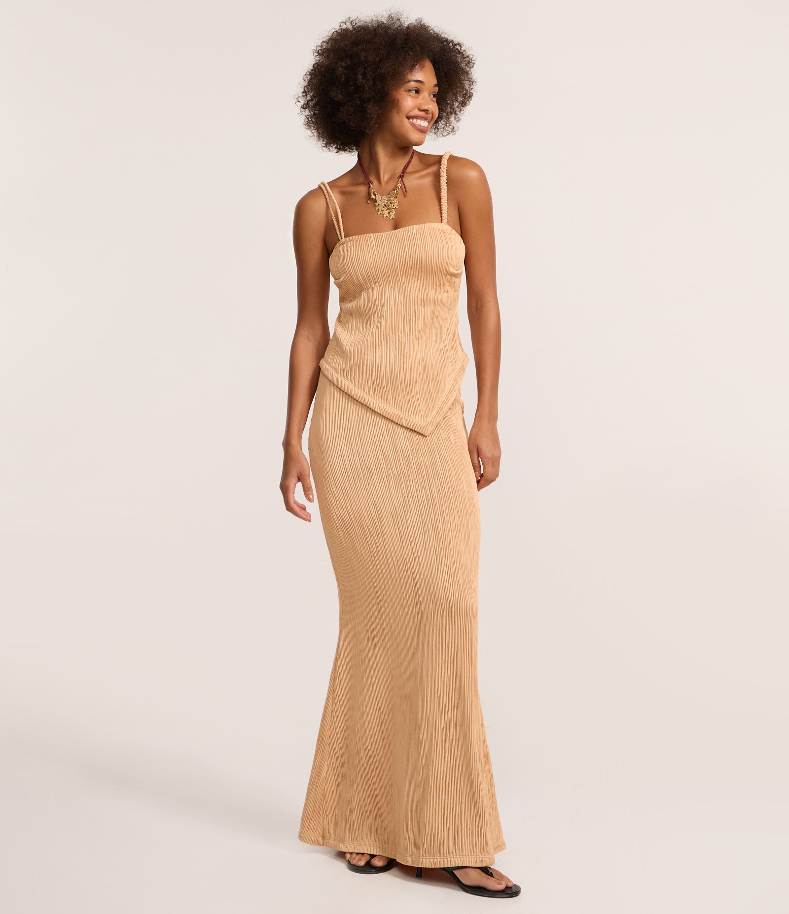 Saia Long Midi com Textura Plissada Dourado 2