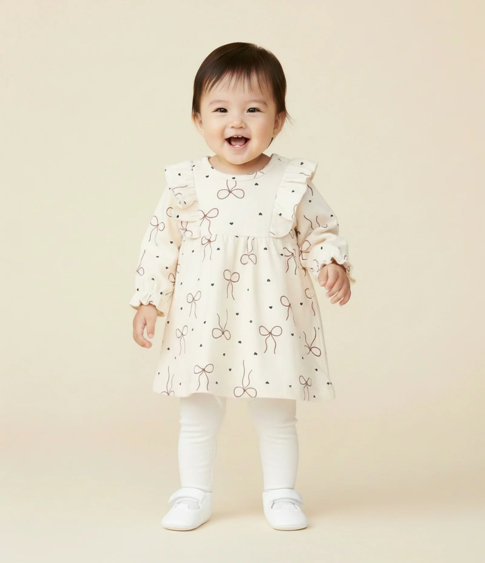 Vestido Infantil em Veludo Cotelê com Laços e Meia-Calça – Tam 0 a 18 Meses Bege Claro 1