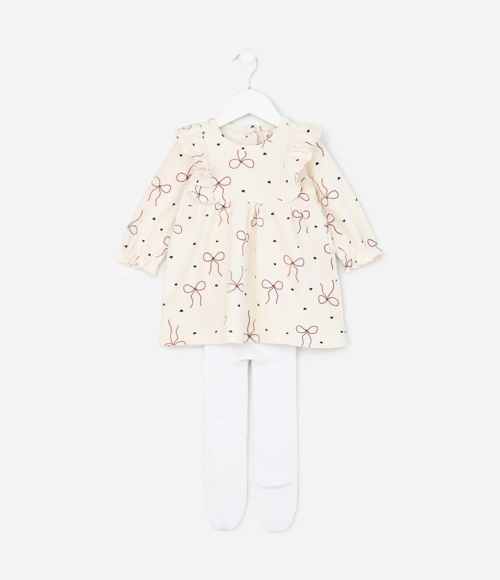 Vestido Infantil em Veludo Cotelê com Laços e Meia-Calça – Tam 0 a 18 Meses Bege Claro 1