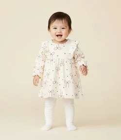 Vestido Infantil em Veludo Cotelê com Laços e Meia-Calça – Tam 0 a 18 Meses