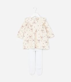 Vestido Infantil em Veludo Cotelê com Laços e Meia-Calça – Tam 0 a 18 Meses