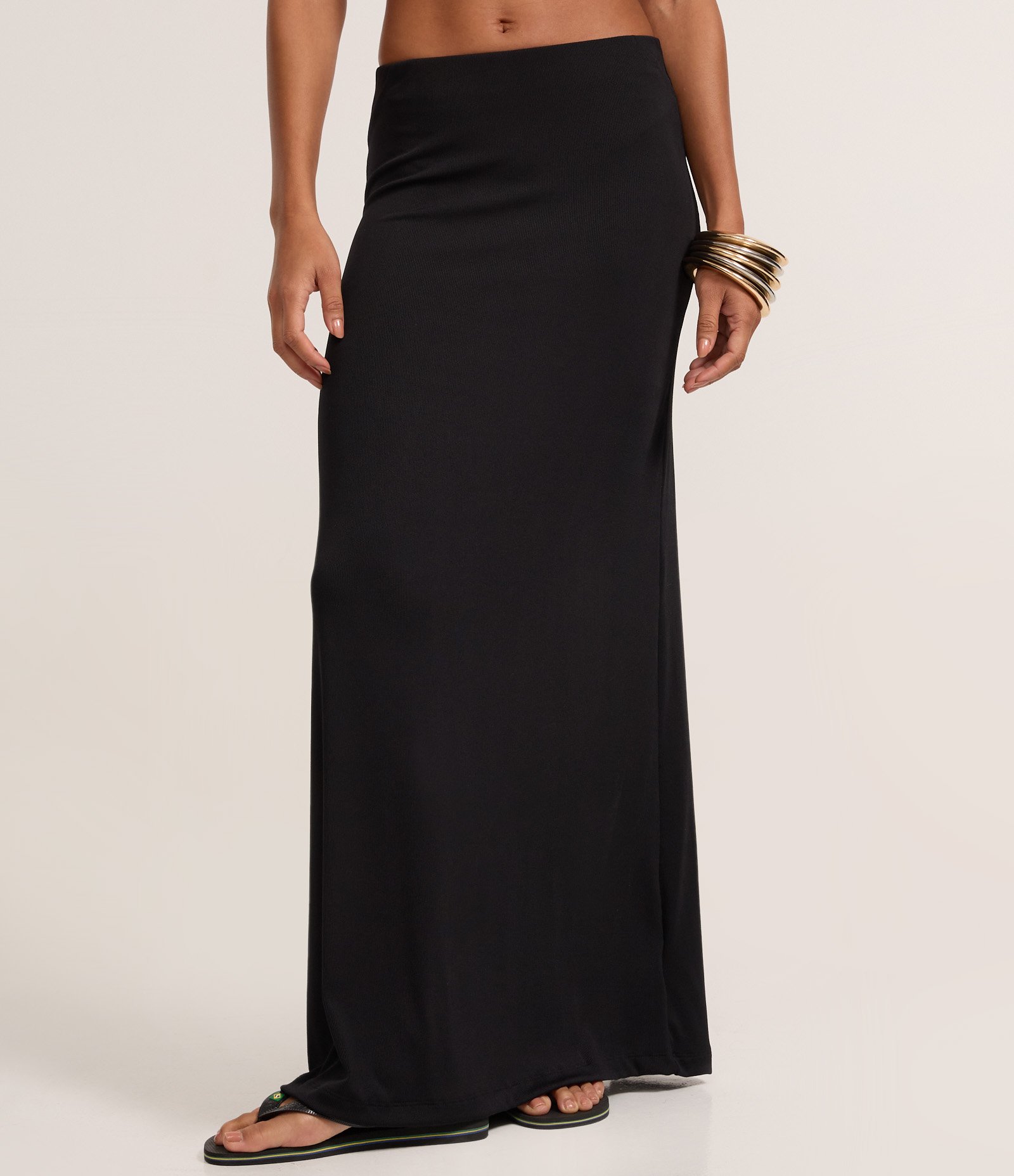 Saia Reta Long Midi em Ribana Preto 3