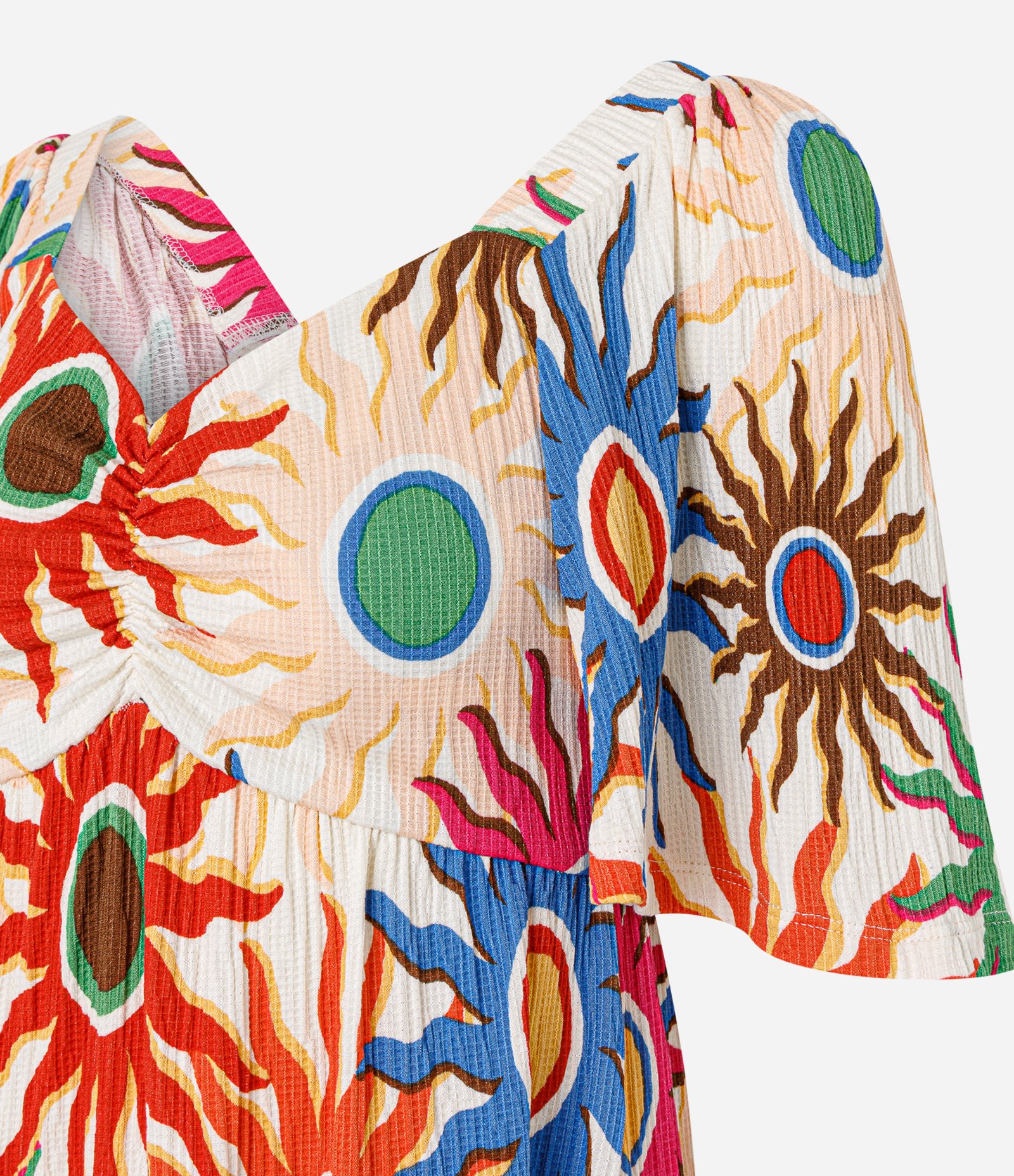 Vestido Curto Texturizado em Viscose com Estampa Sol Multicores 2