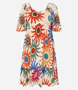 Vestido Curto Texturizado em Viscose com Estampa Sol