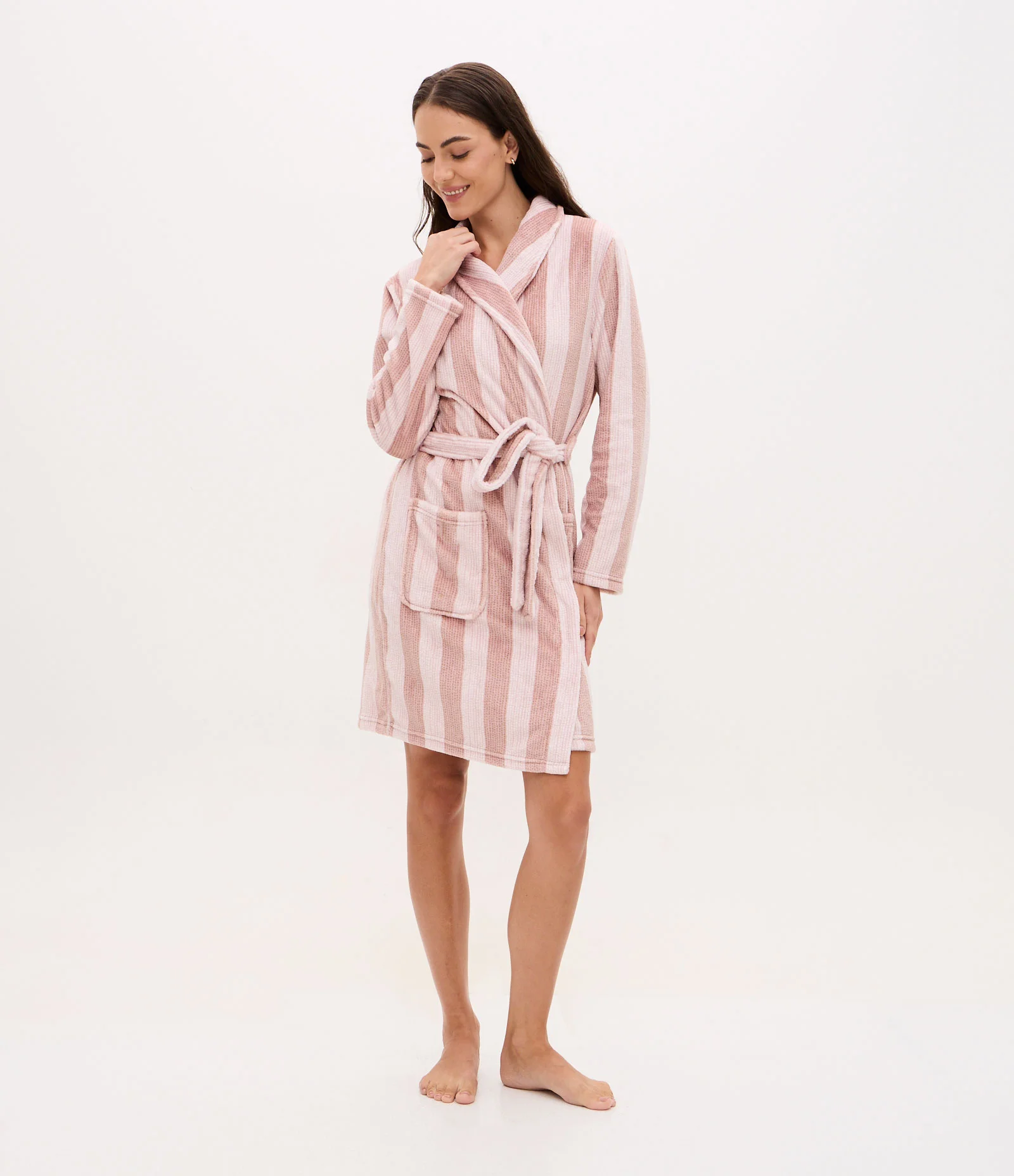 Robe em Fleece Listrado com Faixa Branco/Rosa 1