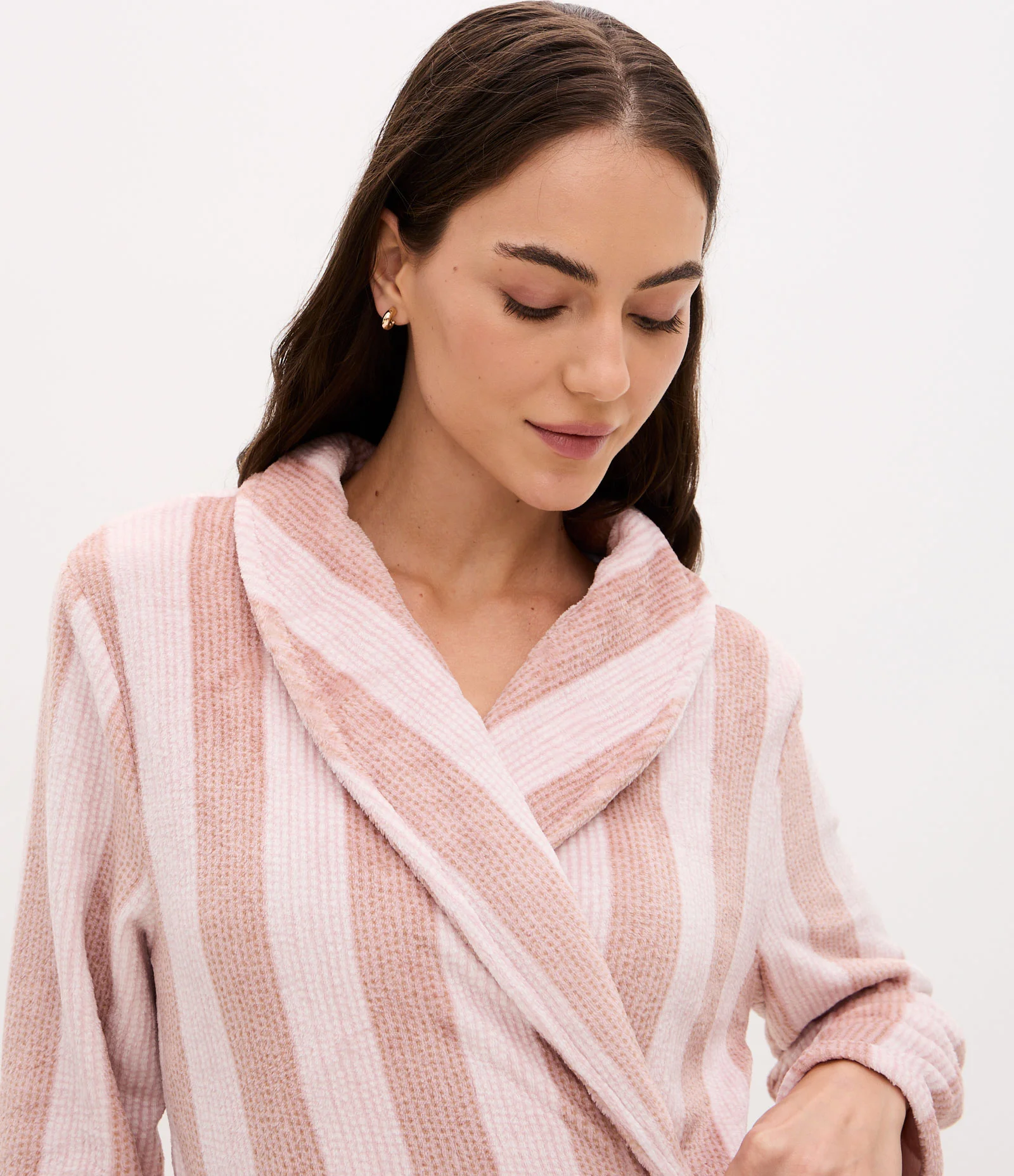 Robe em Fleece Listrado com Faixa Branco/Rosa 2