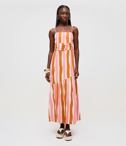 Vestido Long Midi em Viscose com Listra Ondulada e Alças Finas