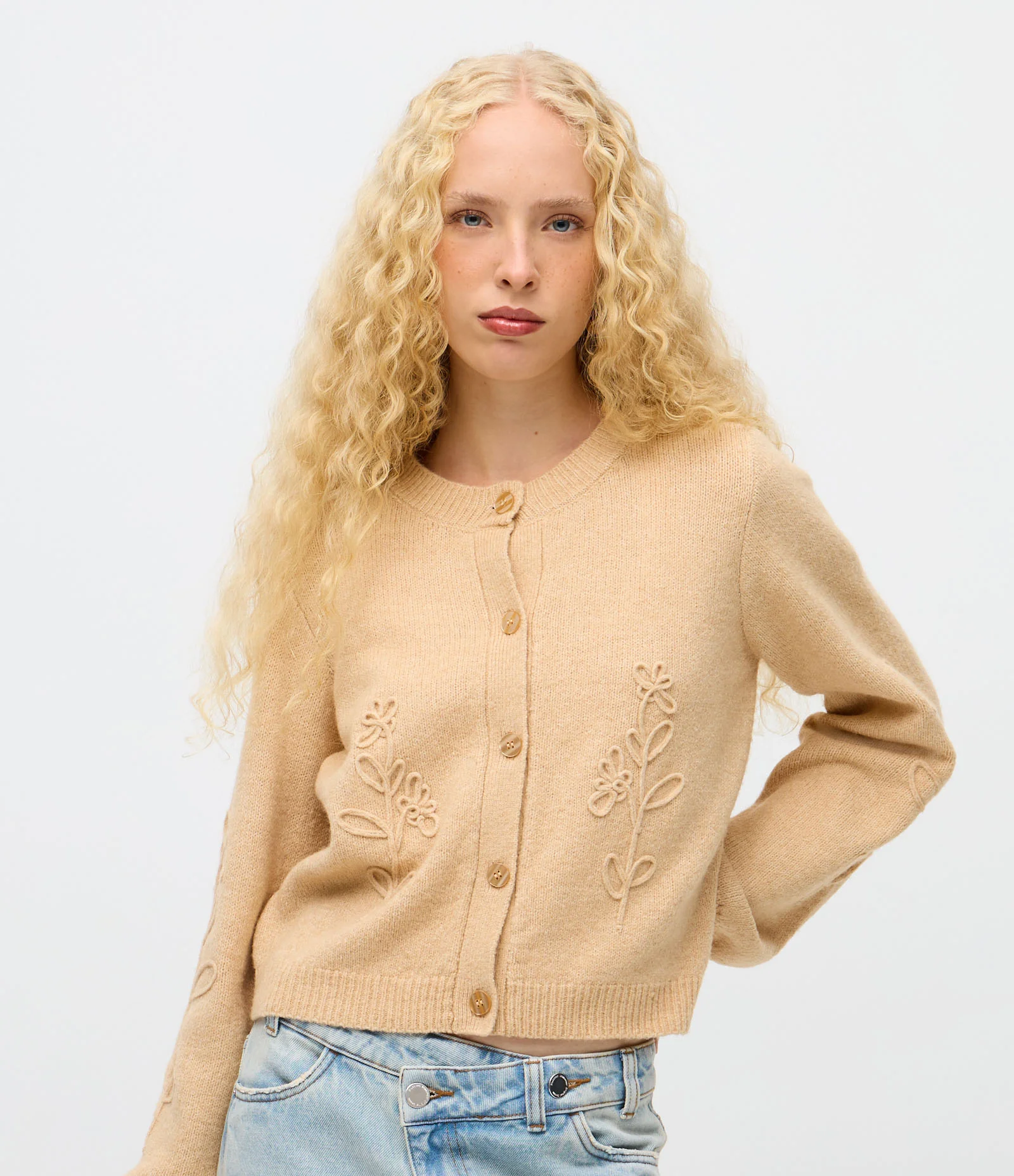 Cardigan em Tricô com Botões e Bordado Floral Bege 1