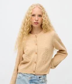 Cardigan em Tricô com Botões e Bordado Floral