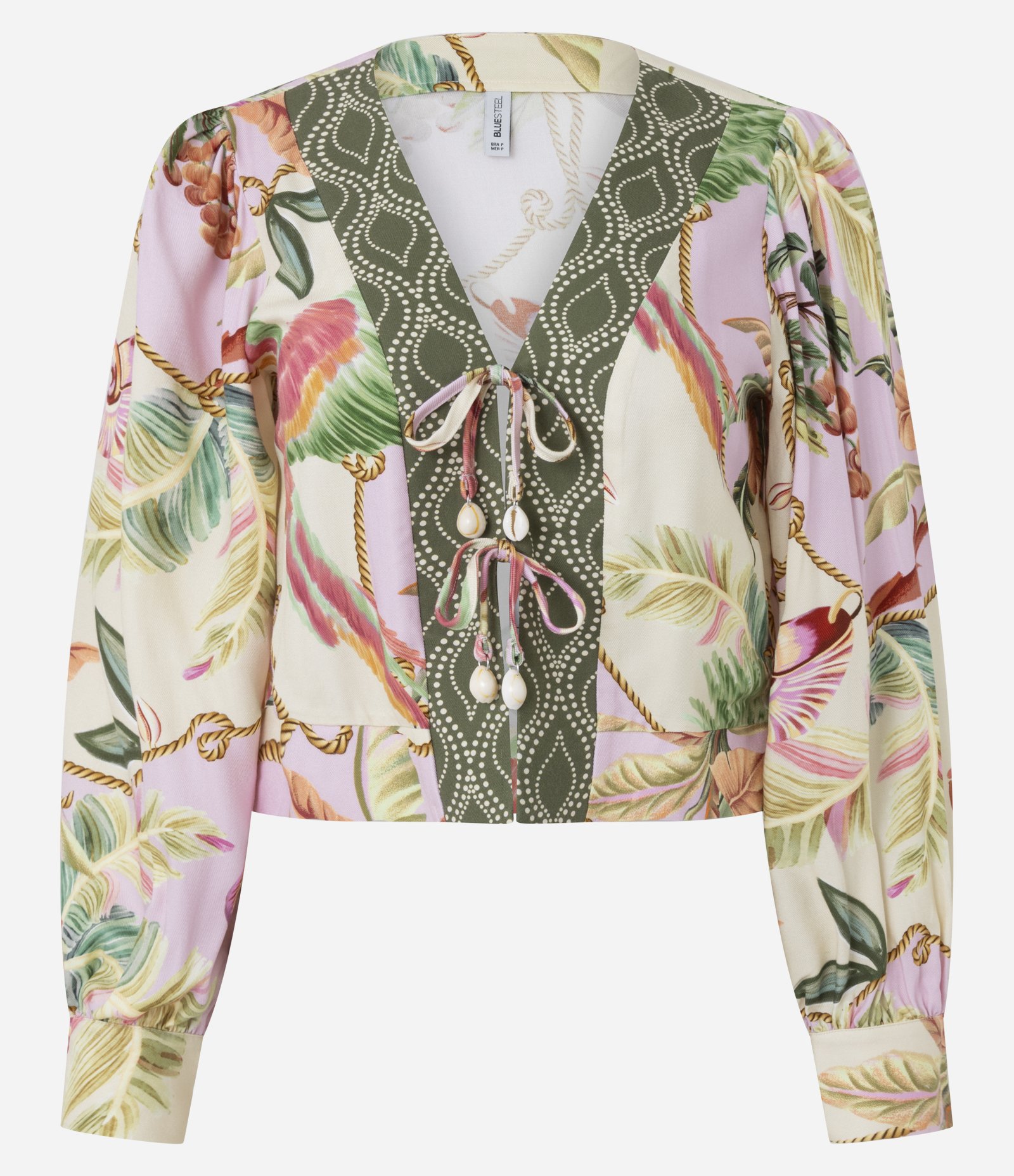 Blusa Manga Longa com Estampa Tropical e Amarração Rosa / Verde 1