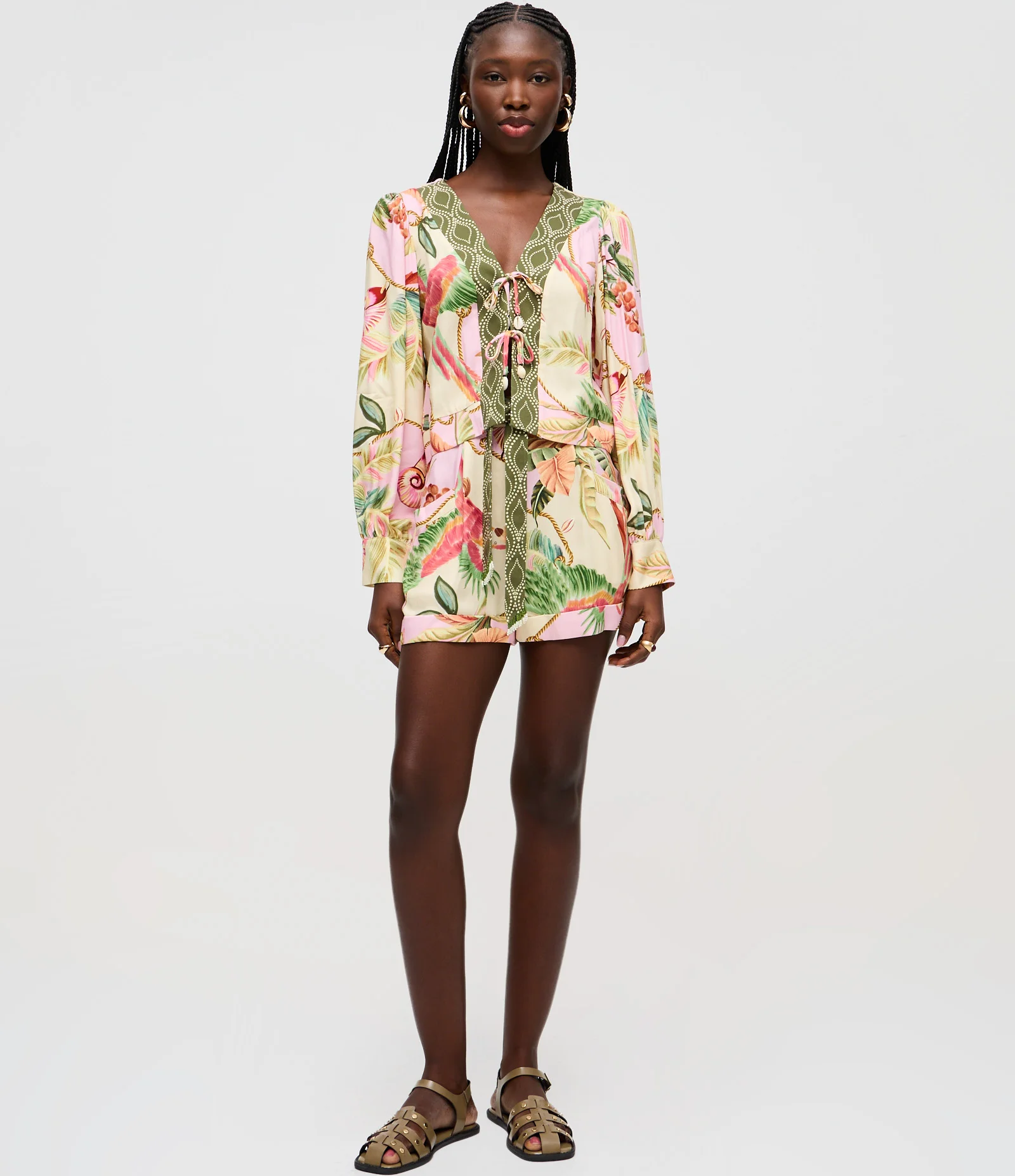 Blusa Manga Longa com Estampa Tropical e Amarração Rosa / Verde 2