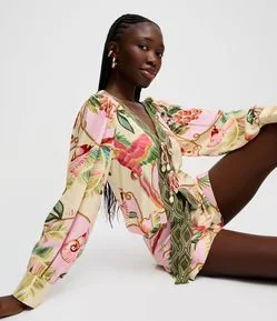 Blusa Manga Longa com Estampa Tropical e Amarração