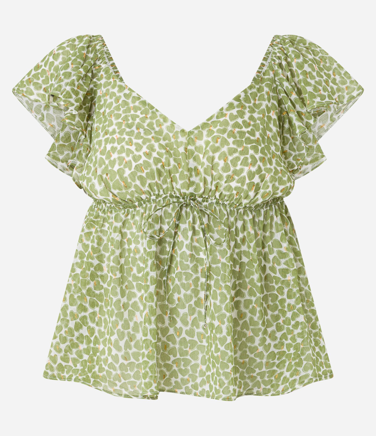 Blusa em Chiffon com Amarração e Estampa Corações Verde 5